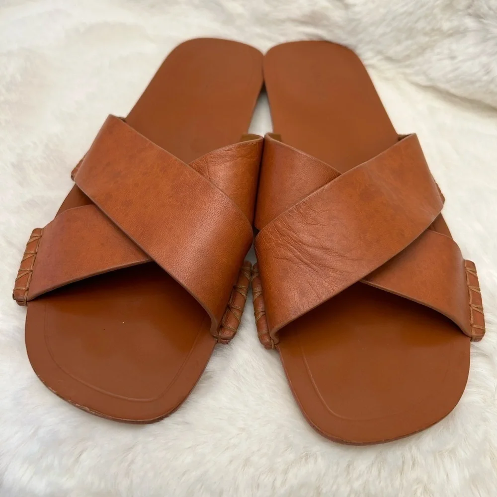Vince Nico Tan leather‎ slide sandals with Criss-Cross Straps Sz-8.5M. O